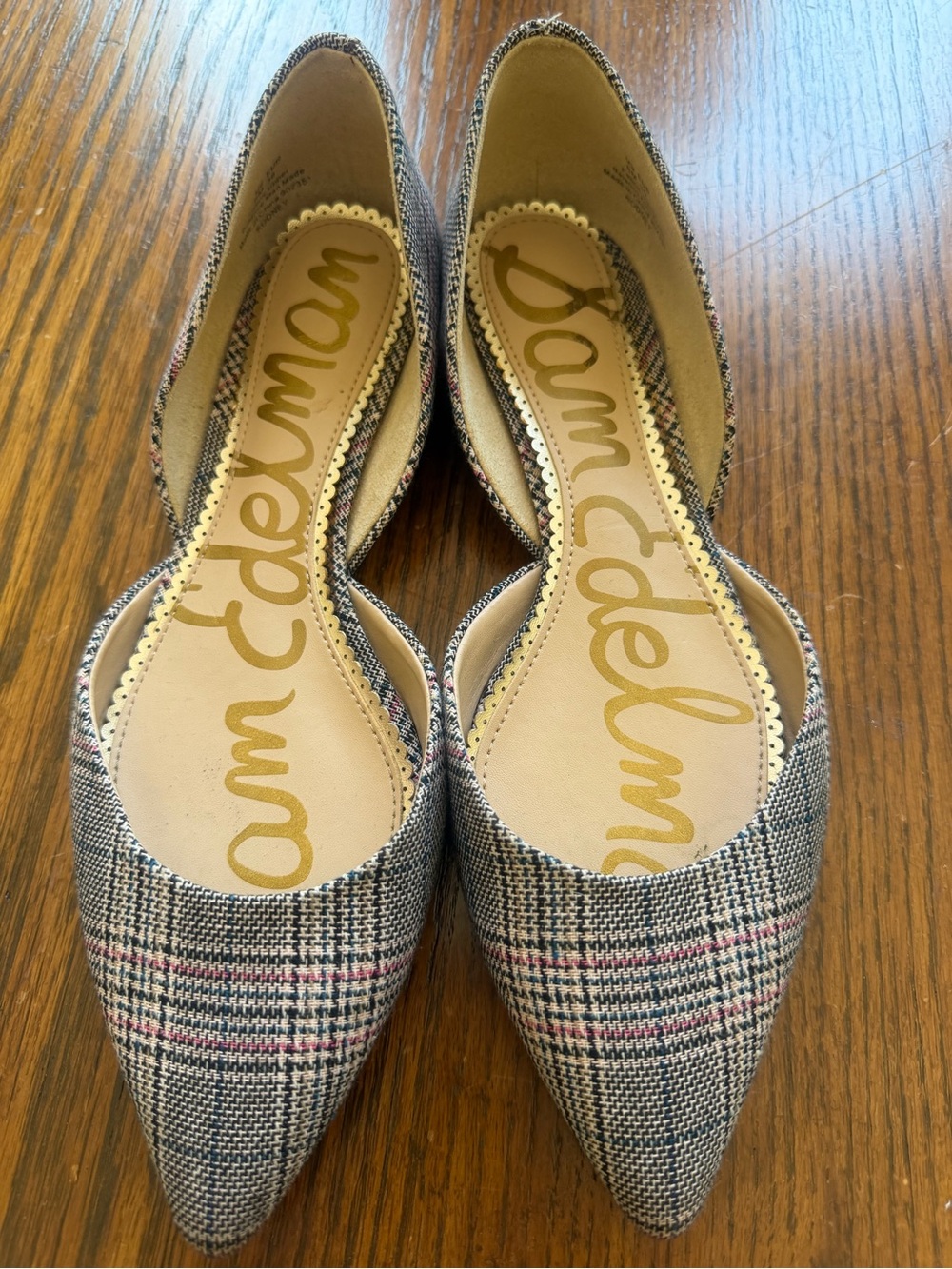 Sam Edelman Rodney- Women's Plaid Pointed-Toe Flats - Gray with Pink Accents